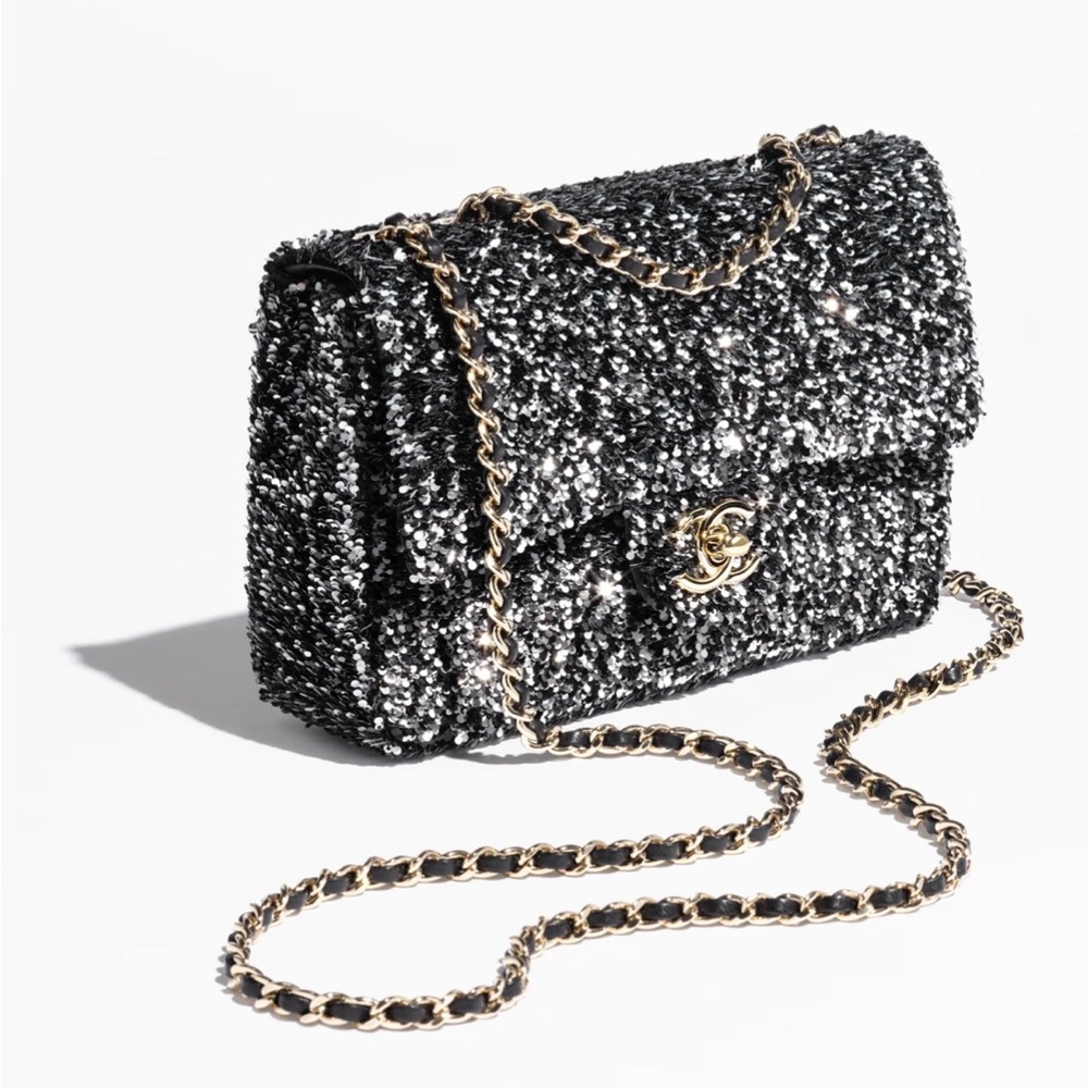 Chanel Black and Silver Leather and Sequin Bag